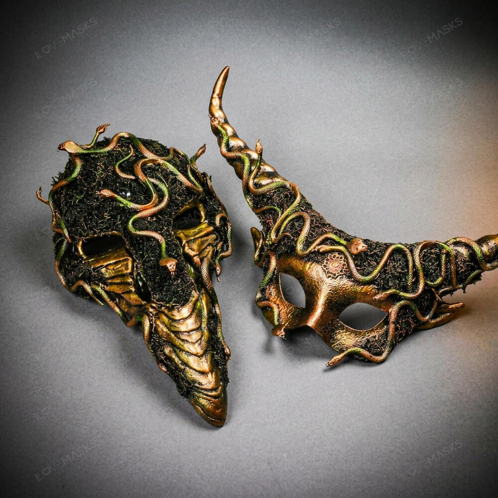 Gold Green Medusa Snake Curved Nose Horns Masquerade Couple's Party Masks
